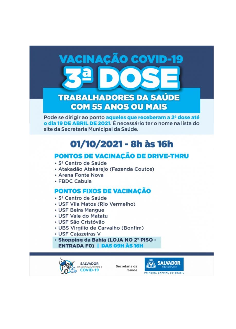 Terceira dose da vacina contra Covid para os profissionais da saúde, inicia  hoje!