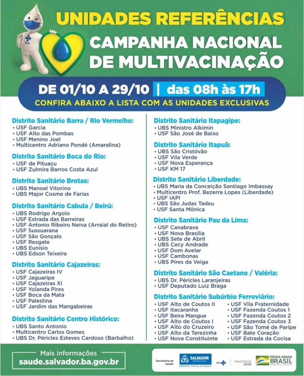 Prefeitura divulga lista das unidades exclusivas para Campanha Nacional de Multivacinação