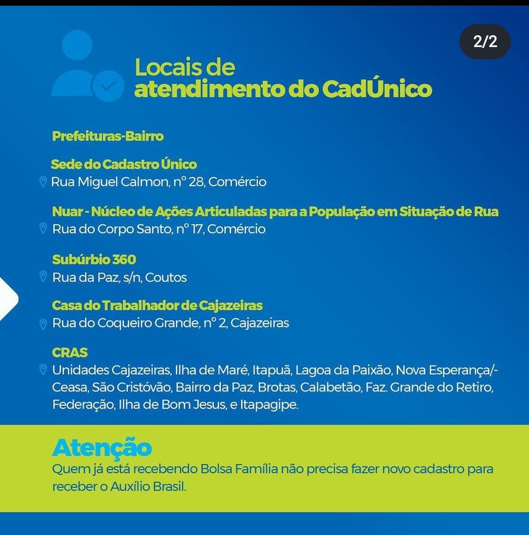 Prefeitura de Salvador informa que a partir de 16/11, os atendimentos do CadÚnico serão realizados por agendamento