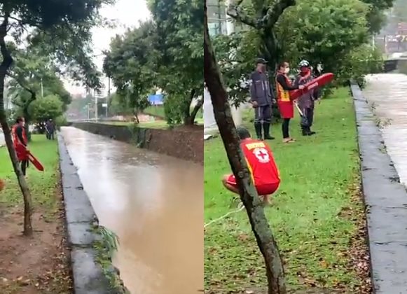 Homens desaparecem após tentar resgatar cachorro em canal na Lucaia; Corpo de Bombeiros no local