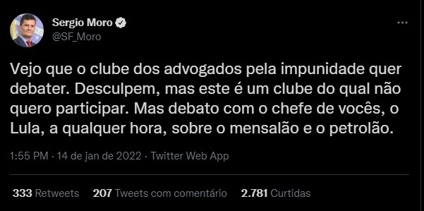 Moro diz no Twitter: “Debato com Lula, a qualquer hora, sobre mensalão e petrolão”