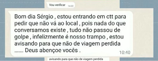 Golpista diz para vítima não viajar após receber por falsa locação na praia: ‘Nosso trampo’
