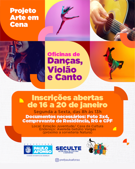 Paulo Afonso: Projeto Arte em Cena está com inscrições abertas de 16 a 20 de janeiro