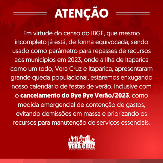 Vera Cruz: Por Defasagem no Censo do IBGE, Prefeitura cancela eventos de verão