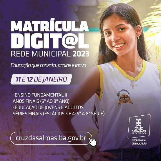 Cruz das Almas: Matrículas para o Ensino Fundamental II e EJA podem ser realizadas hoje e amanhã pelo site da Prefeitura