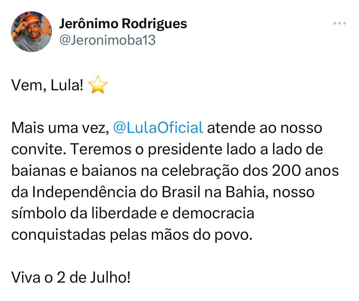 Presidente Lula anuncia visita à Bahia em comemoração ao Dia da Independência do estado