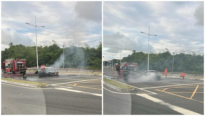 Carro é consumido por chamas na Avenida Pinto de Aguiar