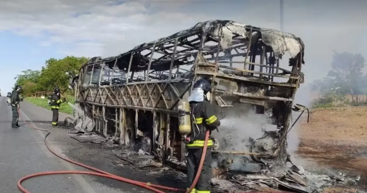 Ônibus pega fogo na BR-242 de Barreiras; motorista sai ileso