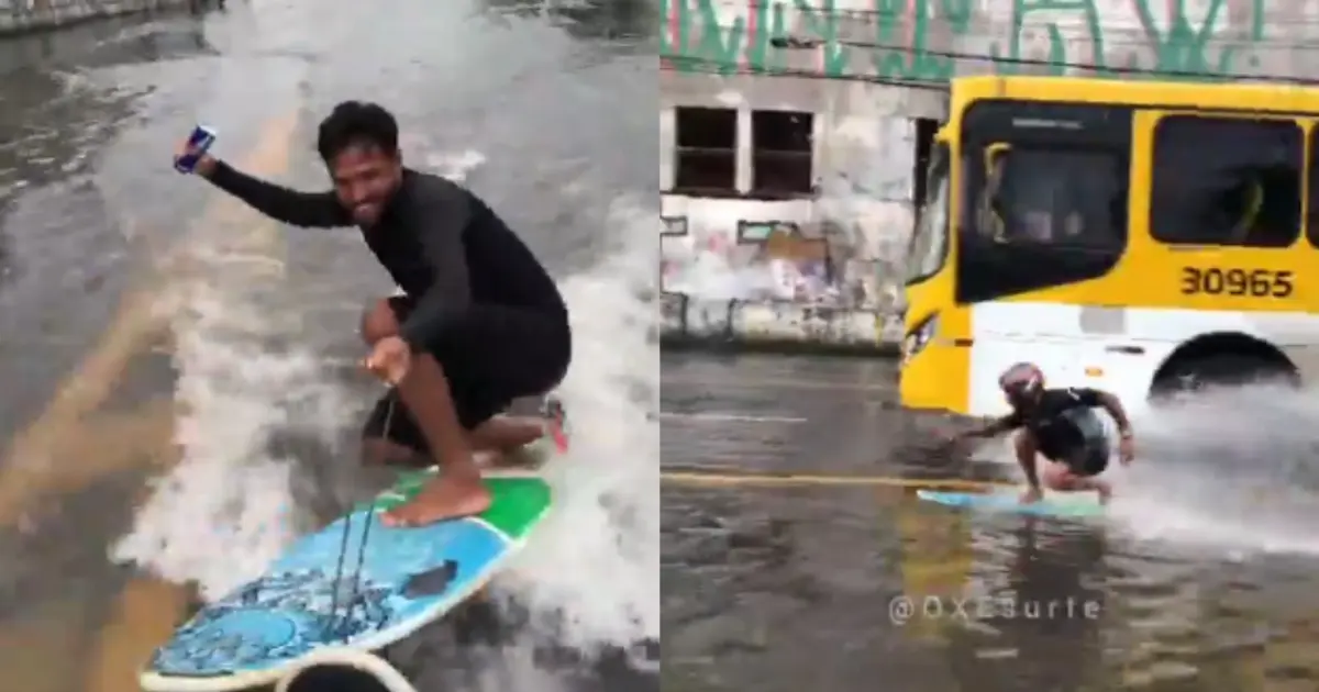 Surfista “pega onda” em ruas alagadas de Salvador e vídeo viraliza