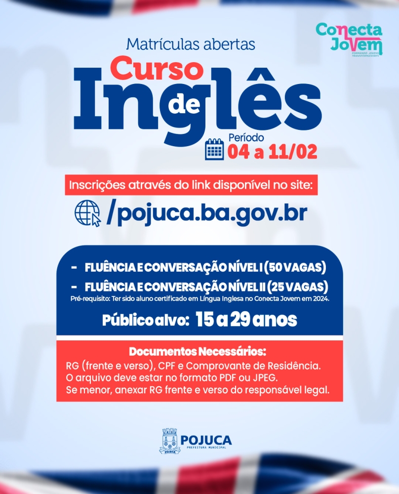 Prefeitura de Pojuca abre inscrições para cursos gratuitos de inglês pelo Conecta Jovem