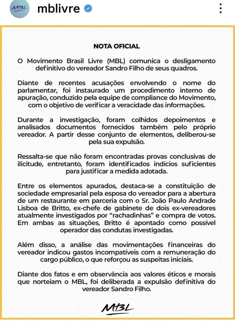 MBL Nacional anuncia expulsão do vereador Sandro Filho após investigação interna