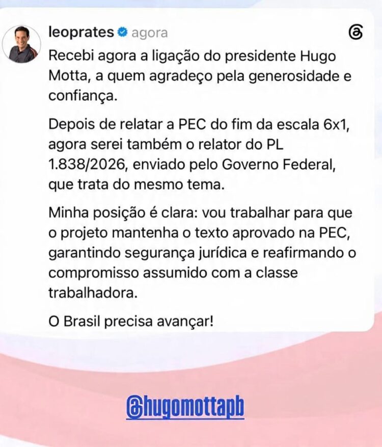 Leo Prates será relator de projeto sobre o fim da escala 6×1 e amplia protagonismo da Bahia na Câmara